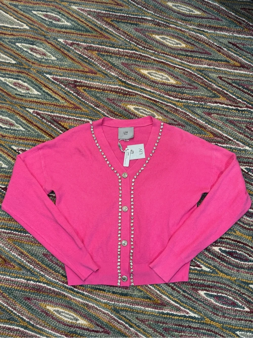 🪩🩷💕 Milano Hot Pink V-Neck Crystal-Trim Bling Embellished Cardigan Sweater 💕🩷🪩 - Picture 5 of 9